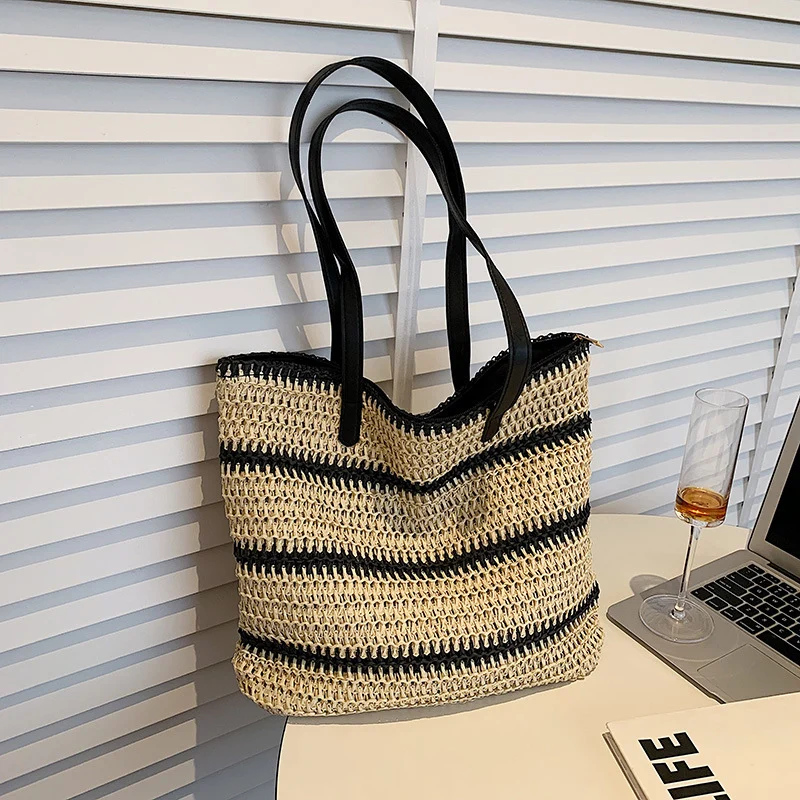 Striped Large Capacity Casual Handbag Summer Straw Tote Bags