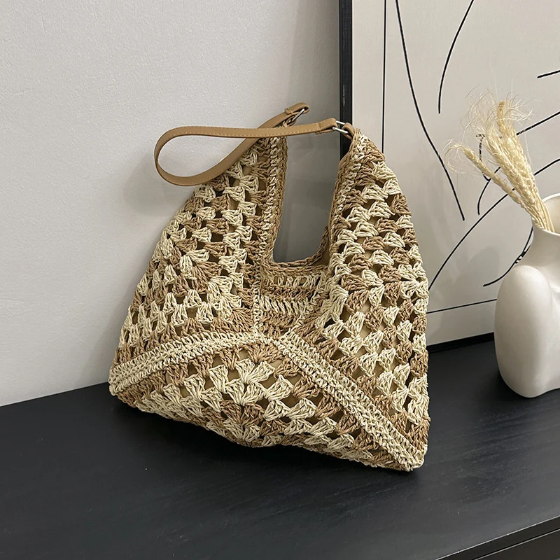 Handmade Straw Woven Hollow Contrast Color Weave Shoulder Bag