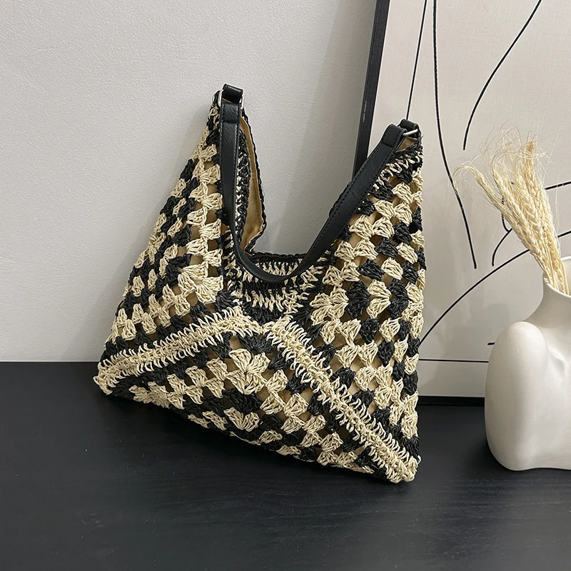 Handmade Straw Woven Hollow Contrast Color Weave Shoulder Bag