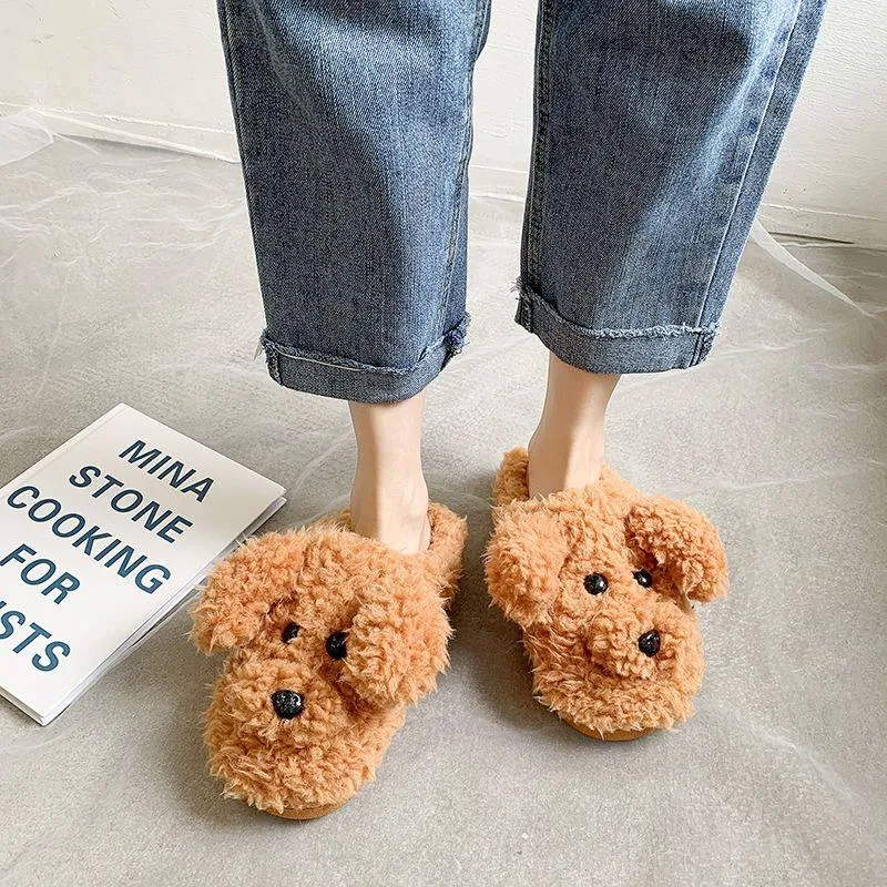 Short Fur Plush Dog Slippers