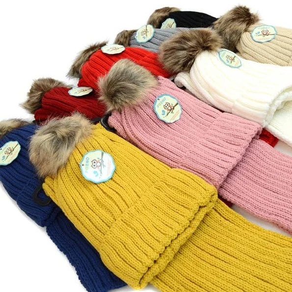 Knitted Winter Scarf and Fur Pom Pom Hat Set