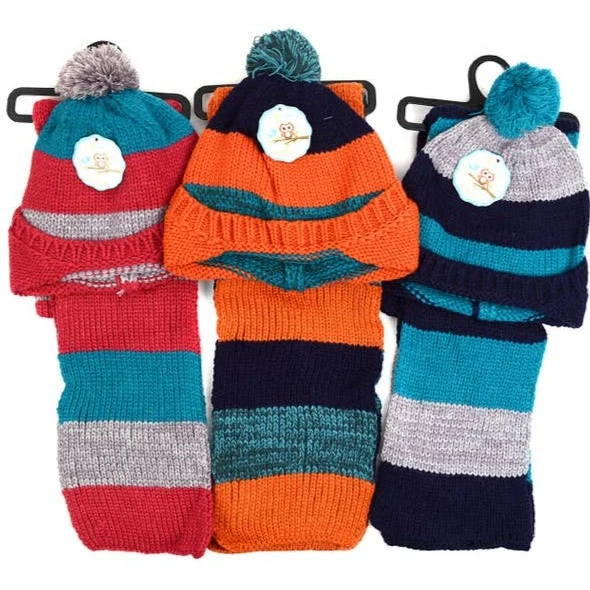 Knitted Winter Scarf and Fur Pom Pom Hat Set