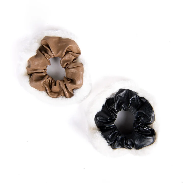 Faux Leather and Fur Scrunchie Set (2 Pcs)