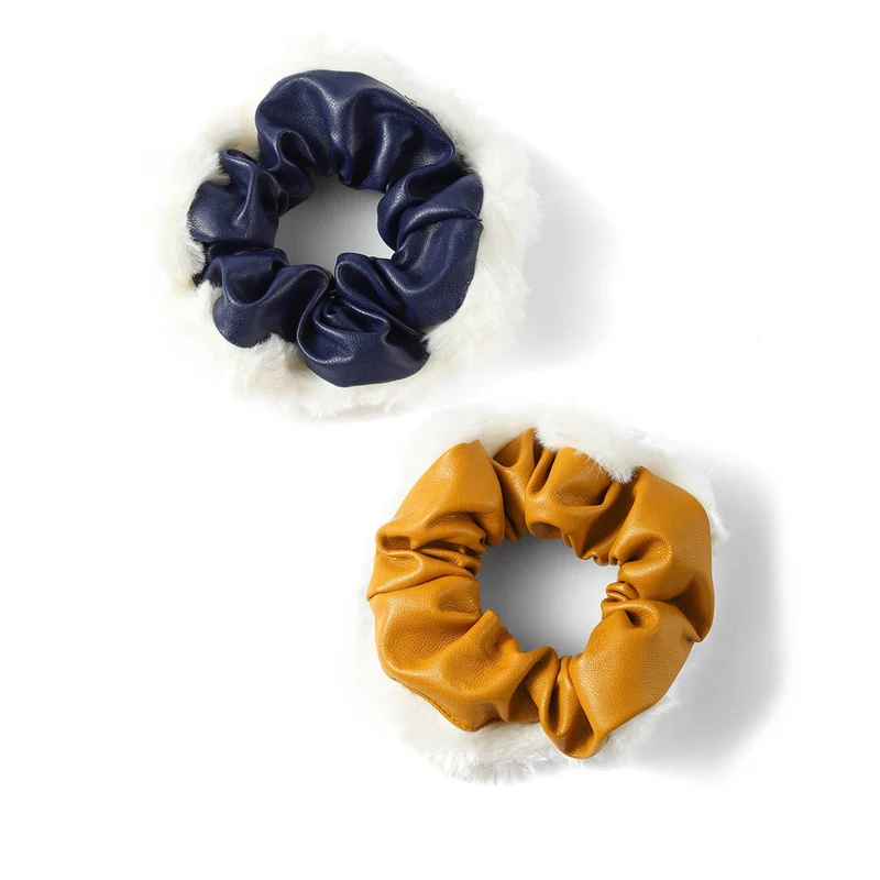 Faux Leather and Fur Scrunchie Set (2 Pcs)
