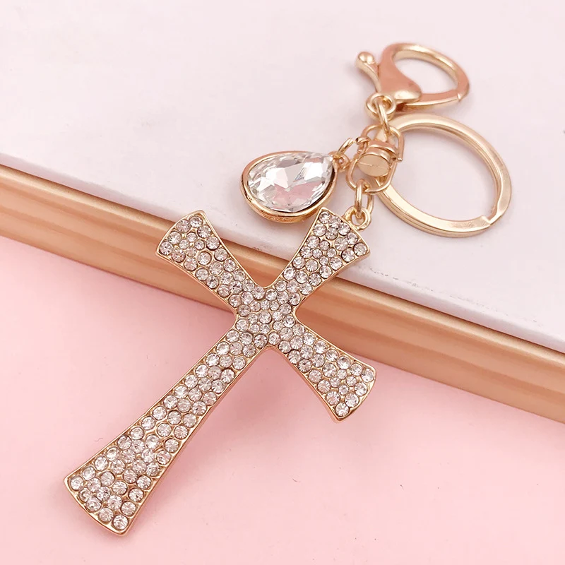 Water Drop Crystal Rhinestone Cross Keychain Bag Accessory