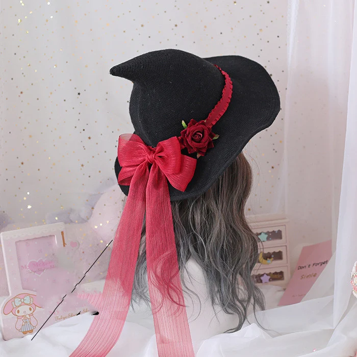Retro Witch Hat Masquerade Rose Big Bow Wizard Hat Gothic Magical Girl Hat Cosplay Accessories Party Decor