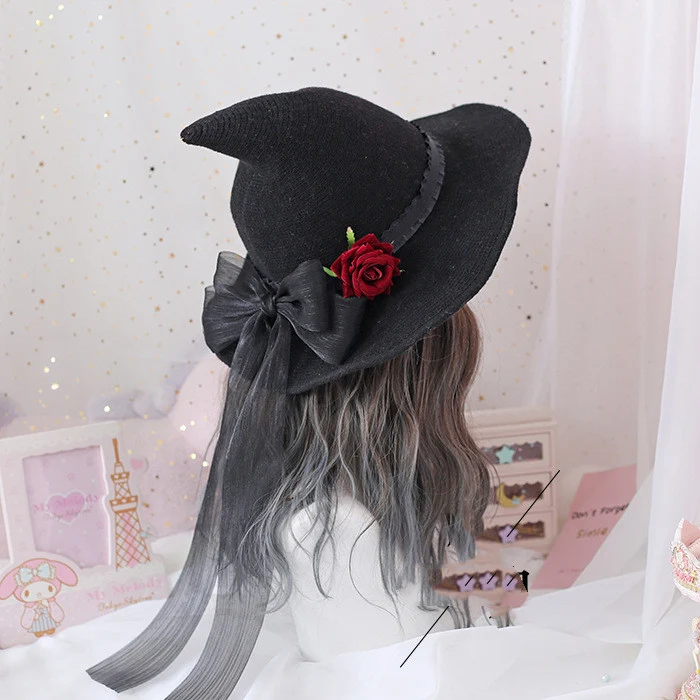 Retro Witch Hat Masquerade Rose Big Bow Wizard Hat Gothic Magical Girl Hat Cosplay Accessories Party Decor