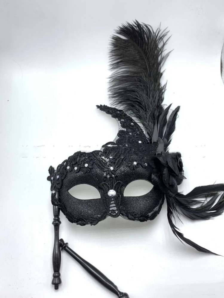 Venetian Masquerade Holding Feather Mask Half Face