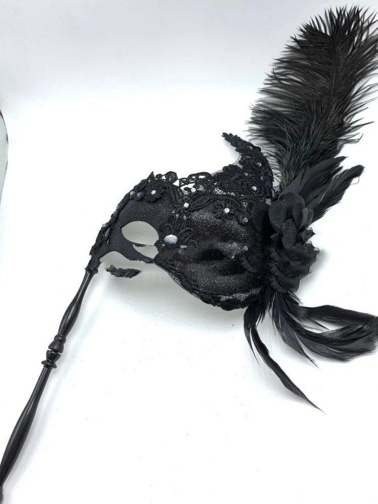 Venetian Masquerade Holding Feather Mask Half Face