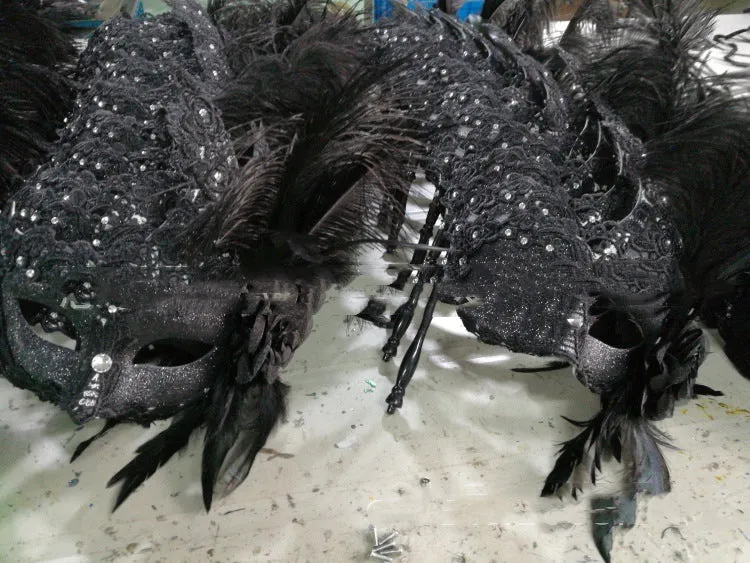Venetian Masquerade Holding Feather Mask Half Face