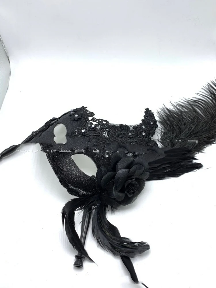 Venetian Masquerade Holding Feather Mask Half Face