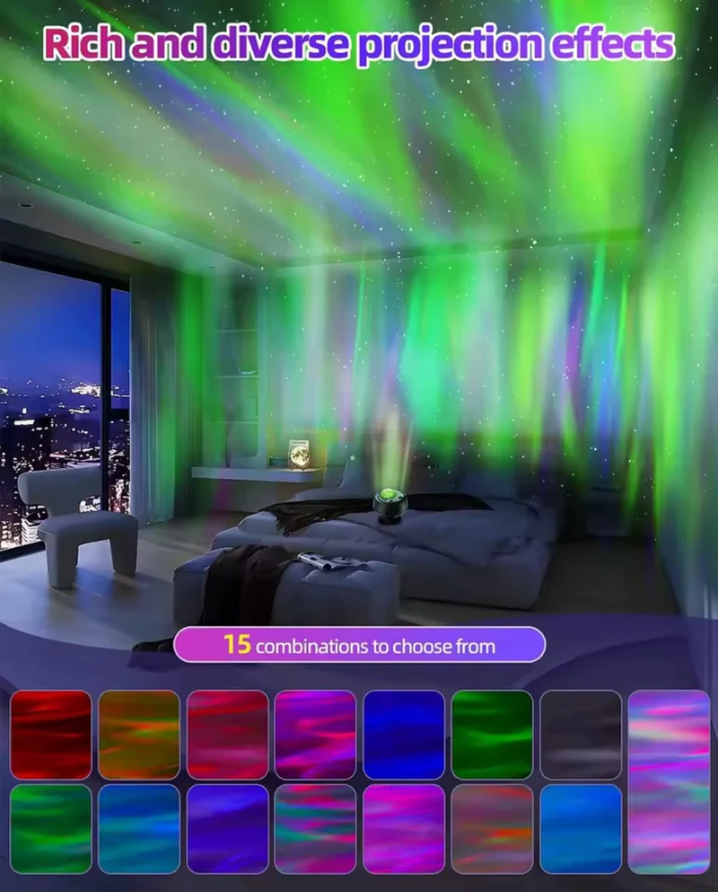 Northern Lights Projector 15 Combinations Galaxy Projector 60 Light Effects Star Remote Night Light with Bluetooth Speaker Timer