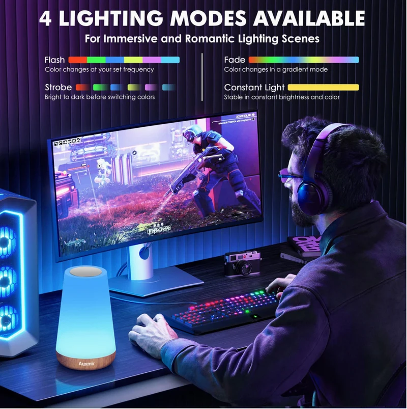 Night Light, LED Touch Bedside Table Lamp, 7 RGB Colours Changing, 5 Brightness Level Switch, Timing Function, Rechargable Remote