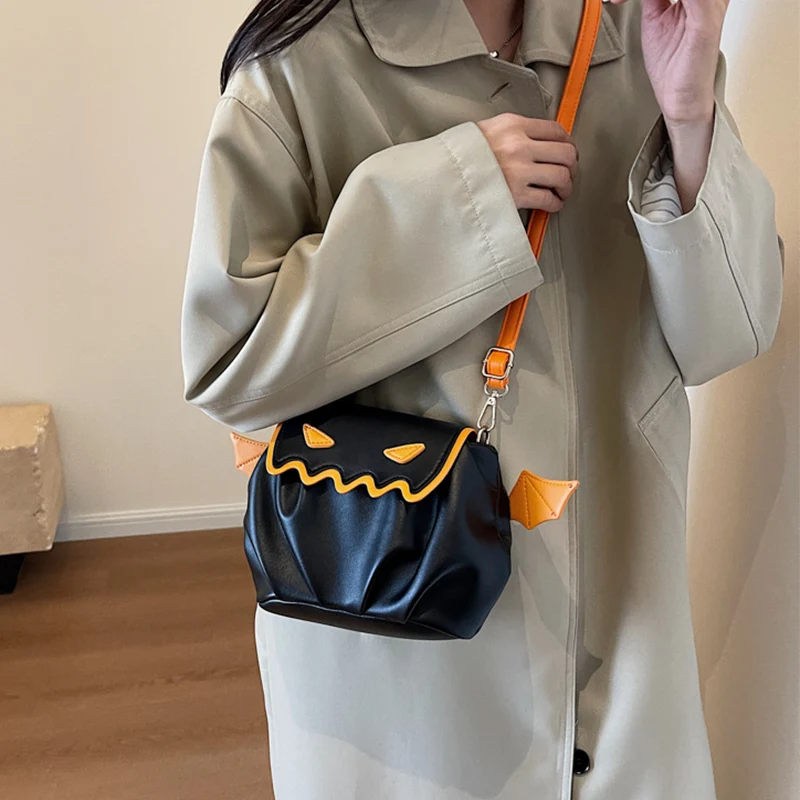 Halloween Pumpkin Shoulder Bag With Small Bat Wings