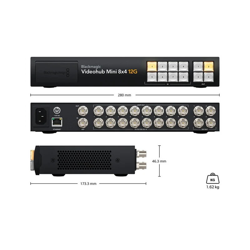 Blackmagic Design Compact SDI video router, 8 x 12G-SDI inputs and 4 outputs, clean switch technology, front-panel controls, eme