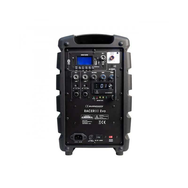 Audiophony 80 W RMS active battery-powered portable loudspeaker, 6" LF + 1" HF, USB / SD / BT5.0, talkover, effects