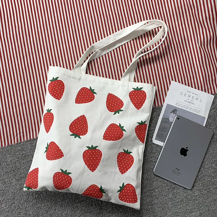 Large Capacity Strawberry Print Canvas Bag
