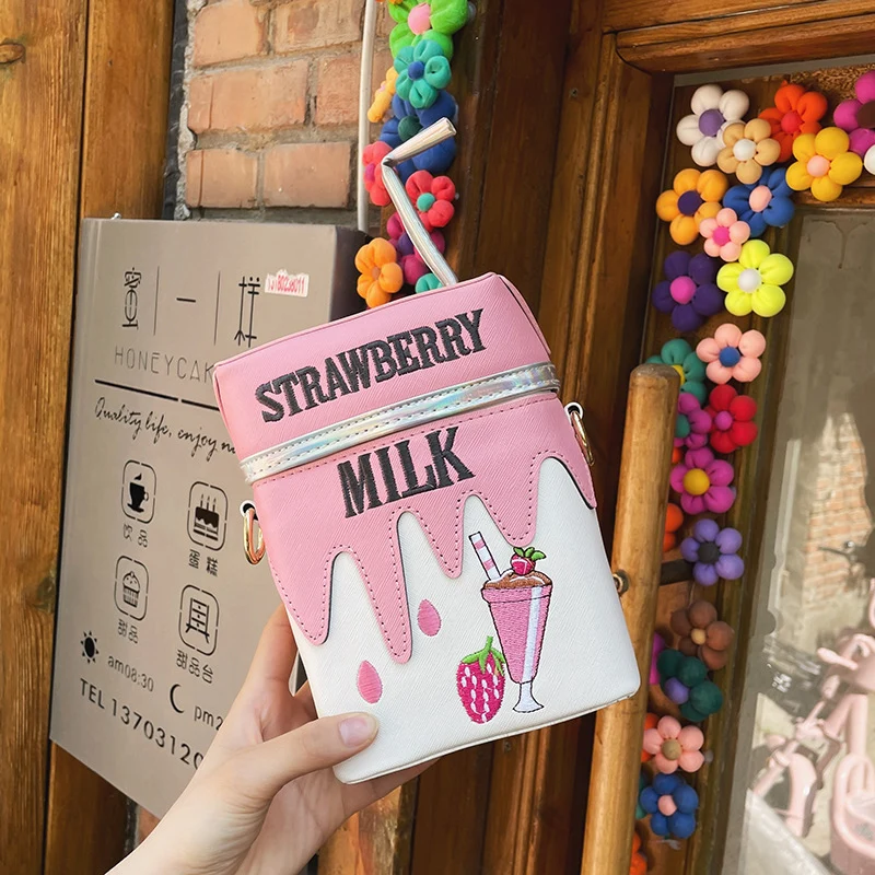 Embroidered Strawberry Milk Lemonade Juice Box Shoulder Bag