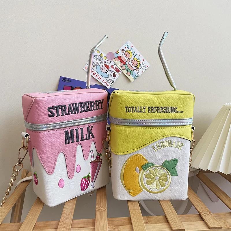Embroidered Strawberry Milk Lemonade Juice Box Shoulder Bag