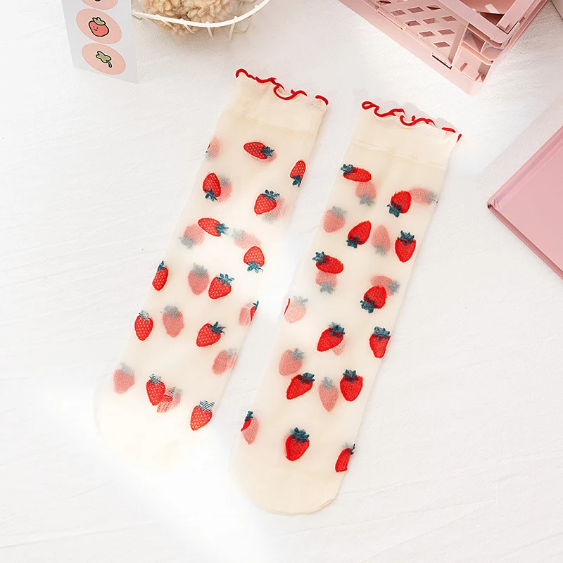 Mid-calf Length Semi-Sheer Spring Fruit Embroidered Socks