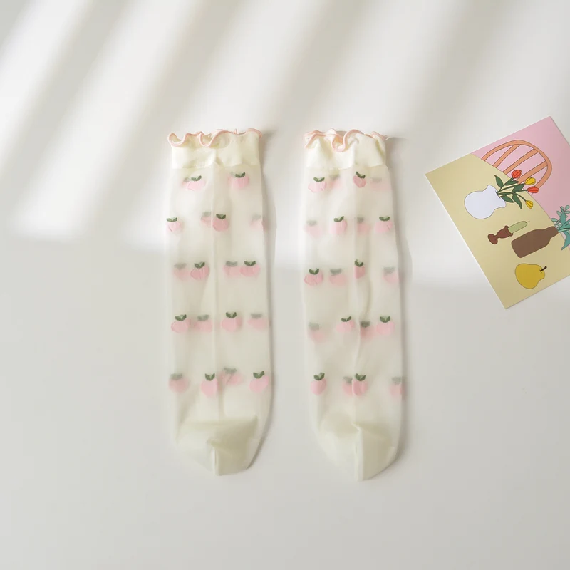 Mid-calf Length Semi-Sheer Spring Fruit Embroidered Socks