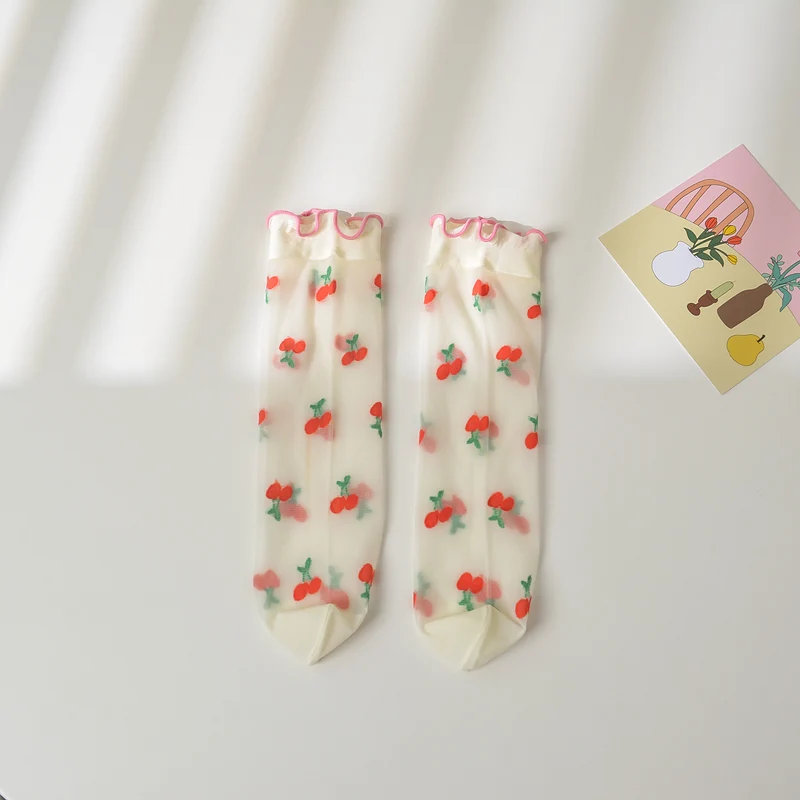 Mid-calf Length Semi-Sheer Spring Fruit Embroidered Socks