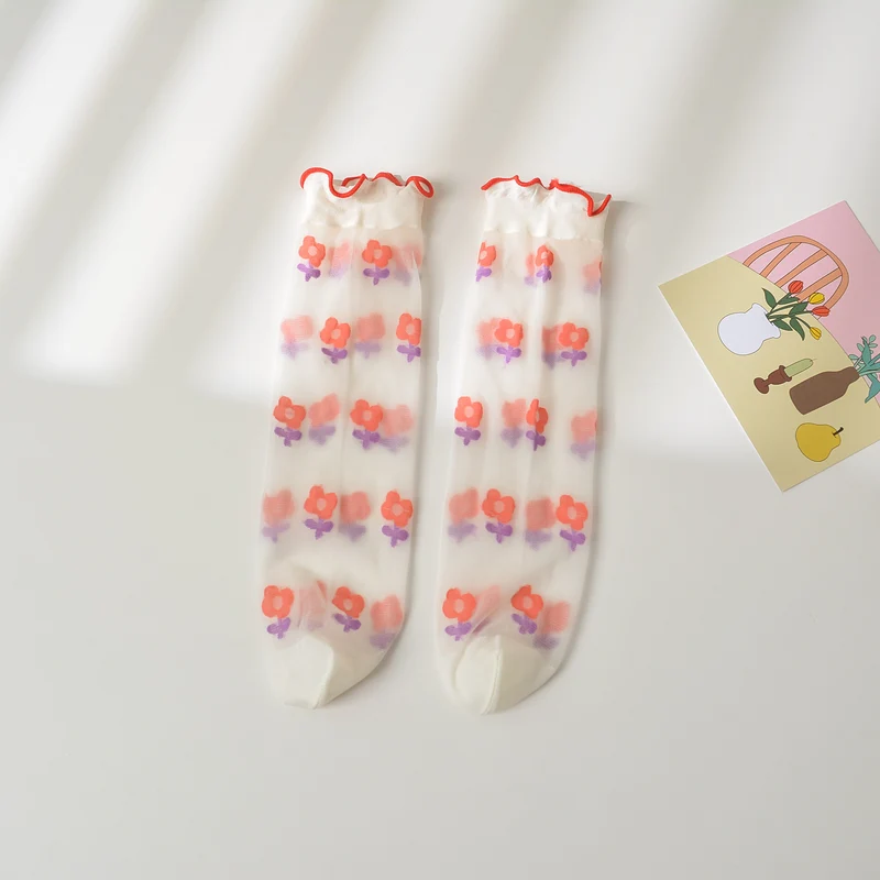 Mid-calf Length Semi-Sheer Spring Fruit Embroidered Socks