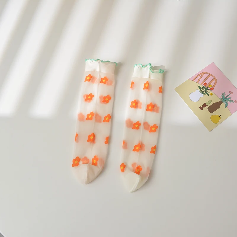 Mid-calf Length Semi-Sheer Spring Fruit Embroidered Socks