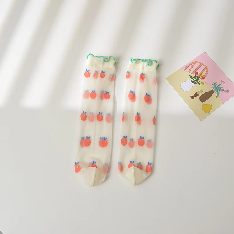 Mid-calf Length Semi-Sheer Spring Fruit Embroidered Socks