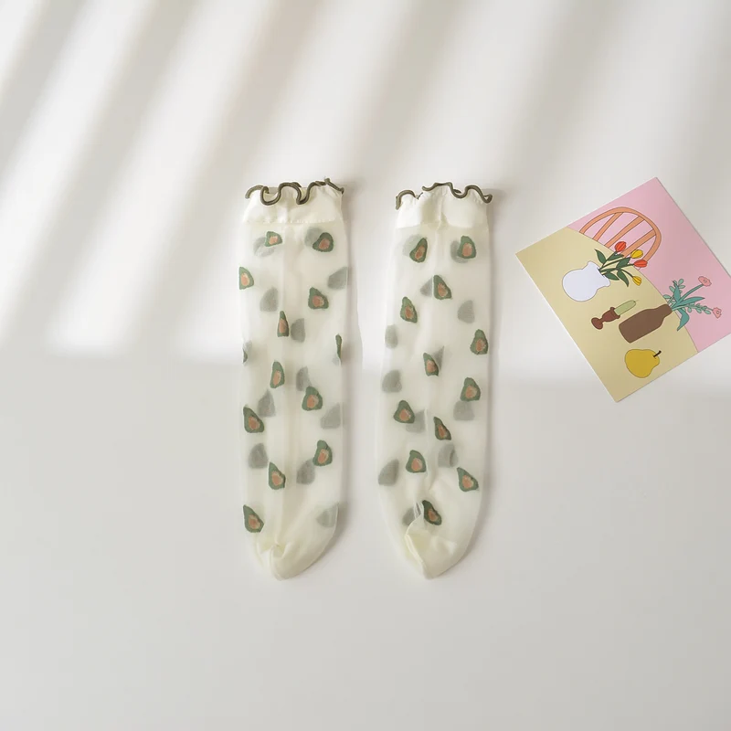 Mid-calf Length Semi-Sheer Spring Fruit Embroidered Socks