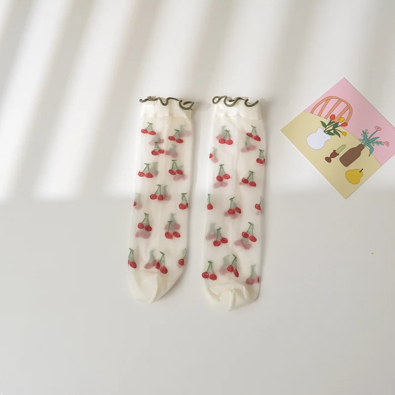 Mid-calf Length Semi-Sheer Spring Fruit Embroidered Socks