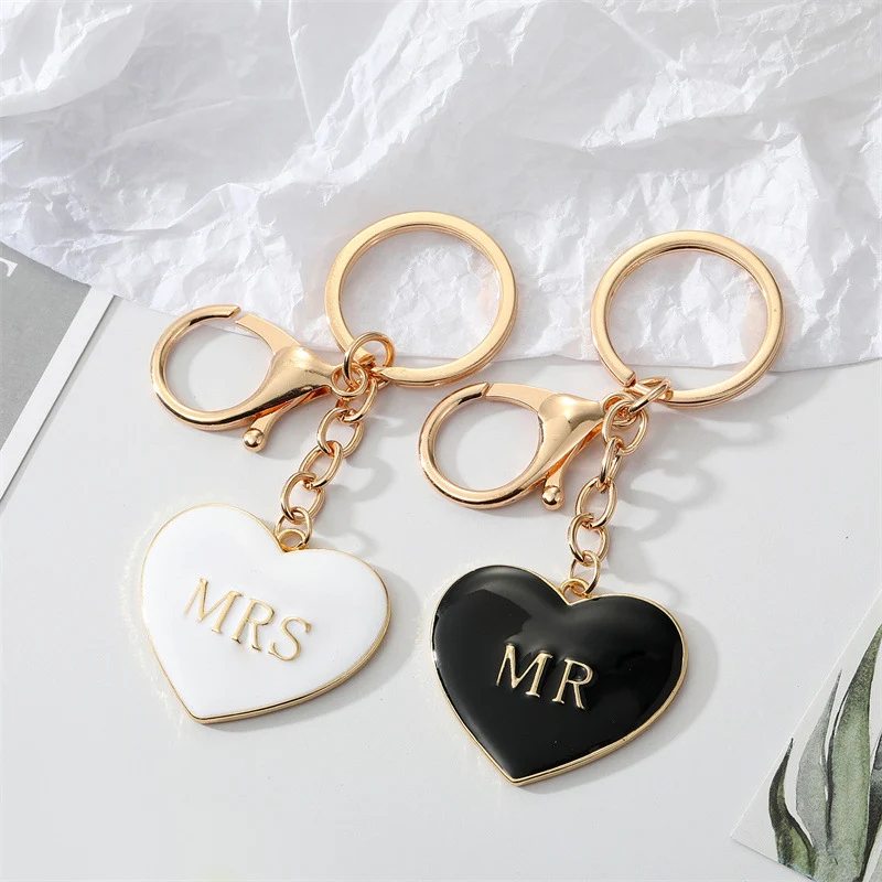 MR and MRS Black and White Heart Shape Keychains