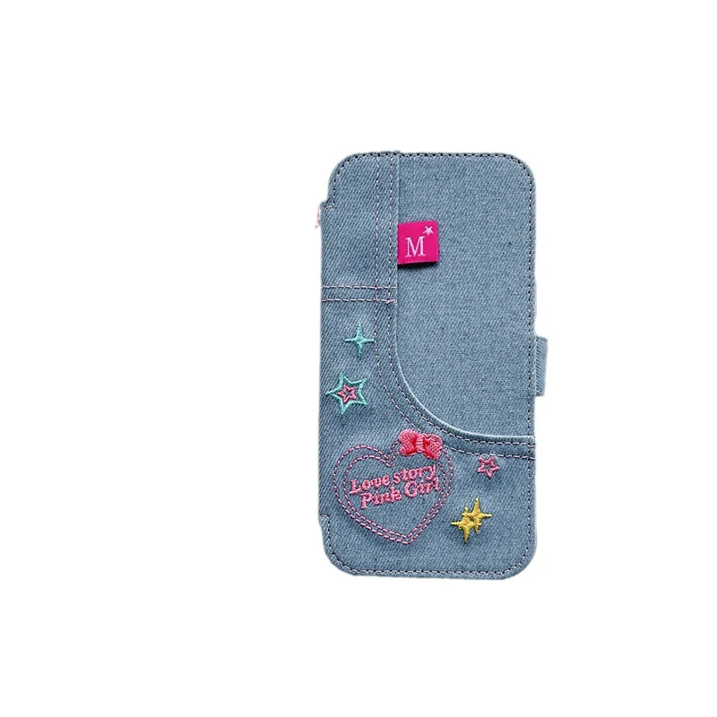 Denim Embroidery Heart Flip Cover iPhone Case