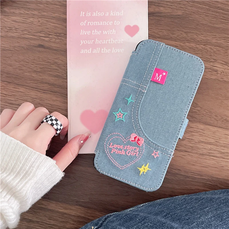 Denim Embroidery Heart Flip Cover iPhone Case