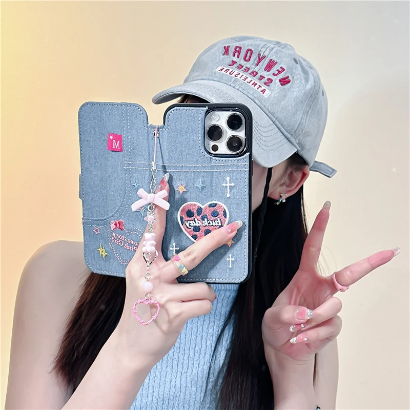 Denim Embroidery Heart Flip Cover iPhone Case