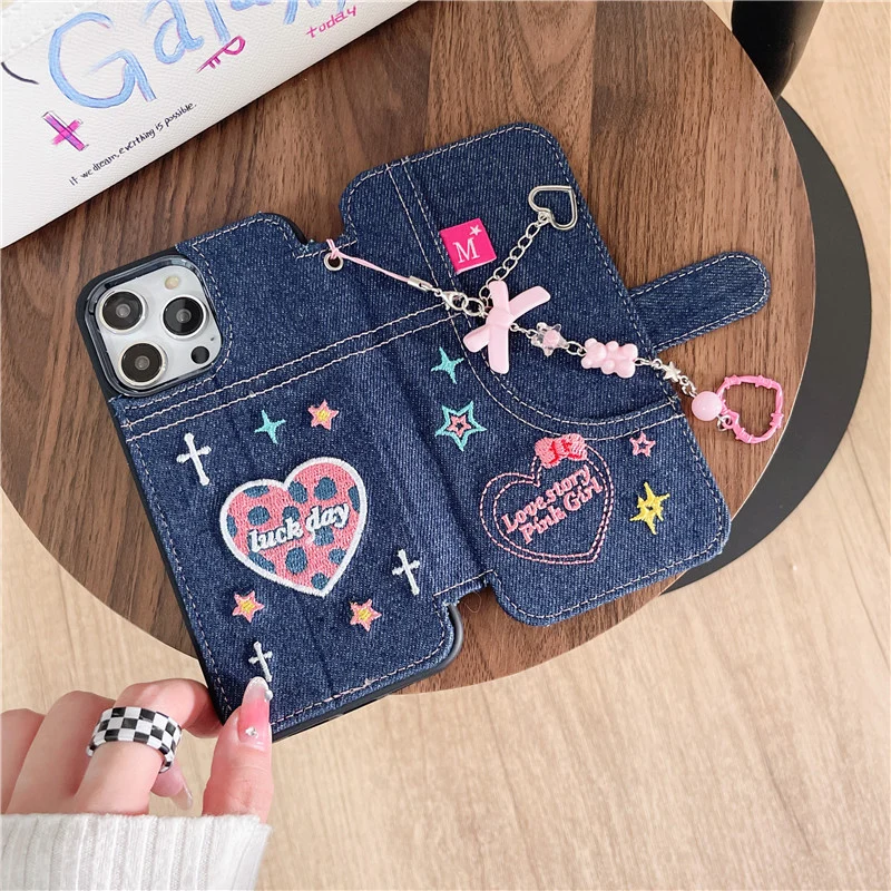 Denim Embroidery Heart Flip Cover iPhone Case