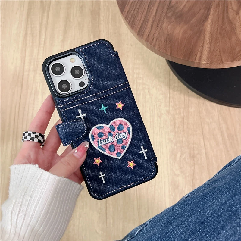 Denim Embroidery Heart Flip Cover iPhone Case