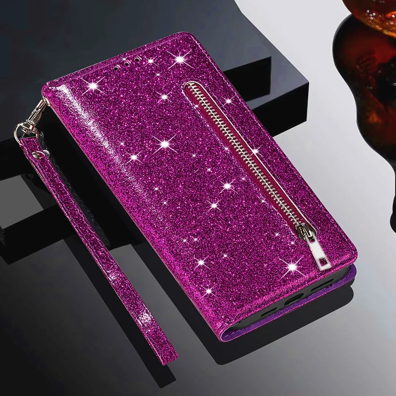 Zipper Glitter Leather Flip Card Wallet iPhone Case