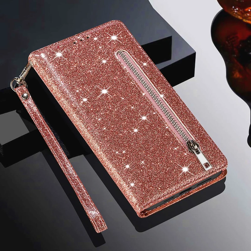 Zipper Glitter Leather Flip Card Wallet iPhone Case