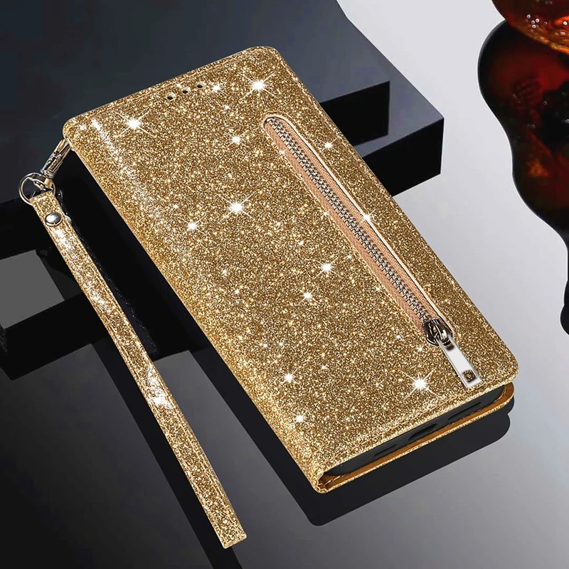 Zipper Glitter Leather Flip Card Wallet iPhone Case