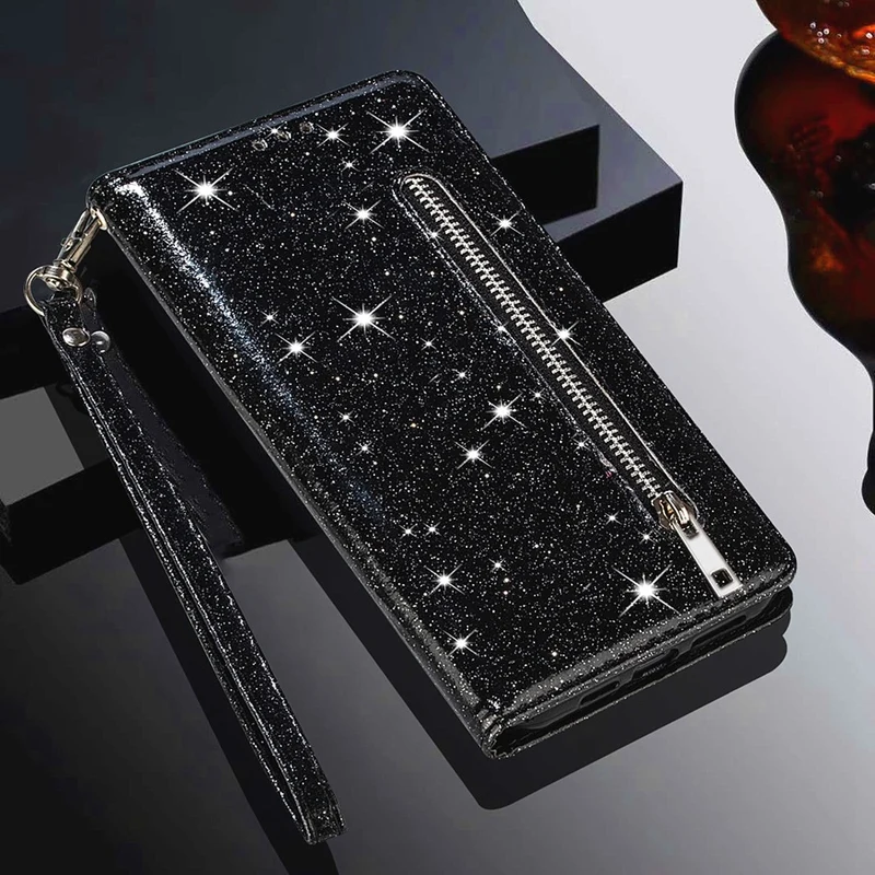 Zipper Glitter Leather Flip Card Wallet iPhone Case