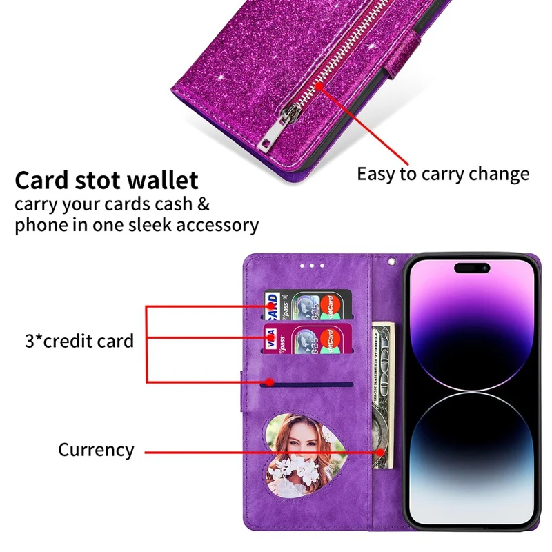 Zipper Glitter Leather Flip Card Wallet iPhone Case