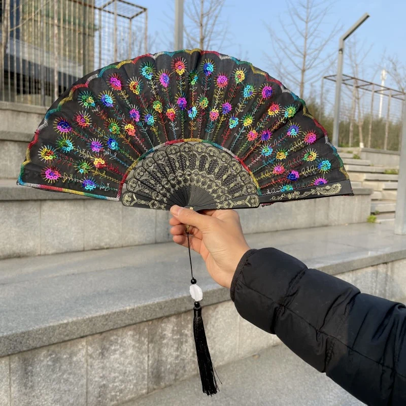 Peacock Feather Folding Fan Embroidery Black Rod
