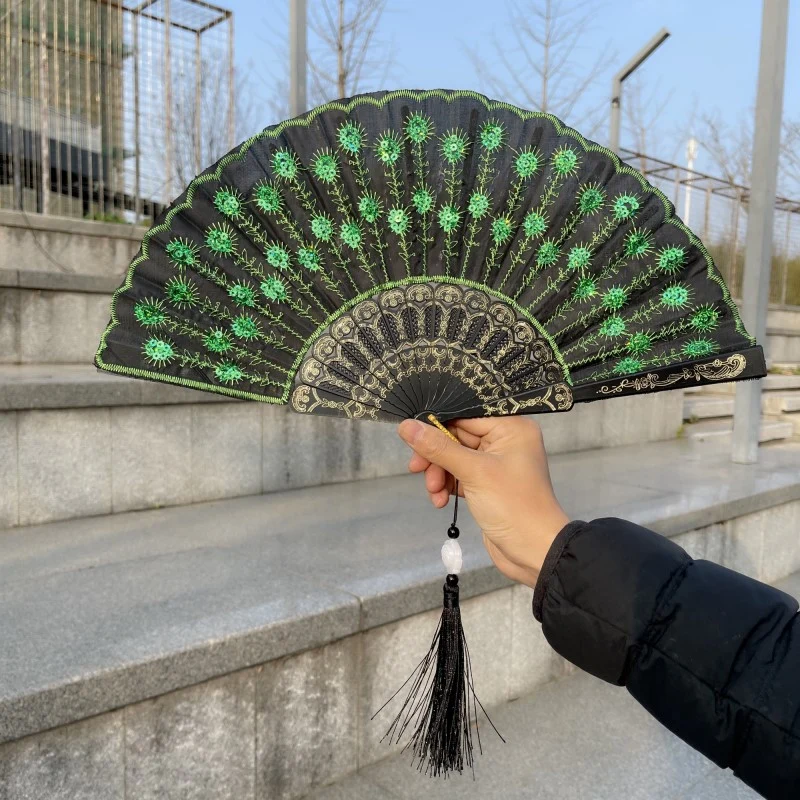 Peacock Feather Folding Fan Embroidery Black Rod