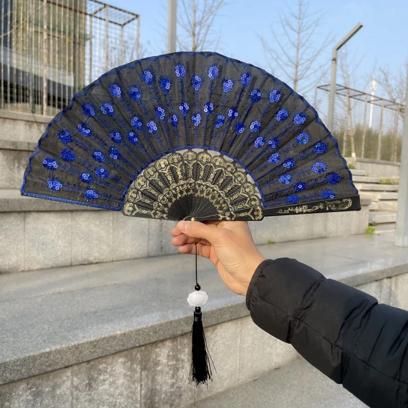 Peacock Feather Folding Fan Embroidery Black Rod