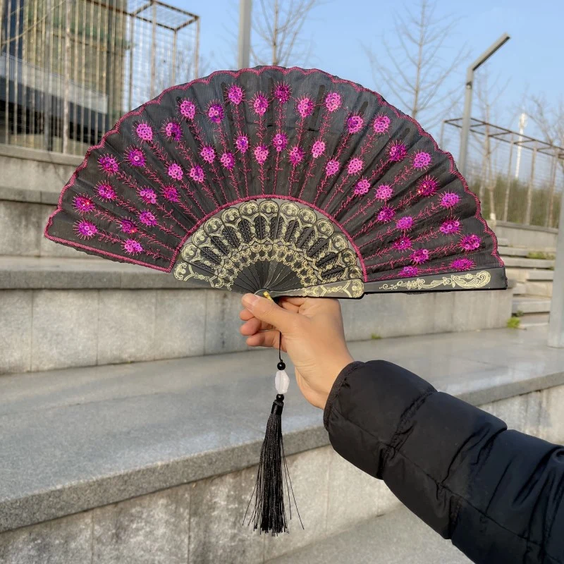 Peacock Feather Folding Fan Embroidery Black Rod