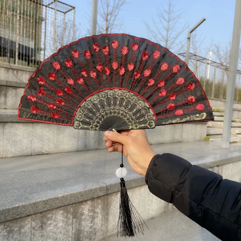 Peacock Feather Folding Fan Embroidery Black Rod