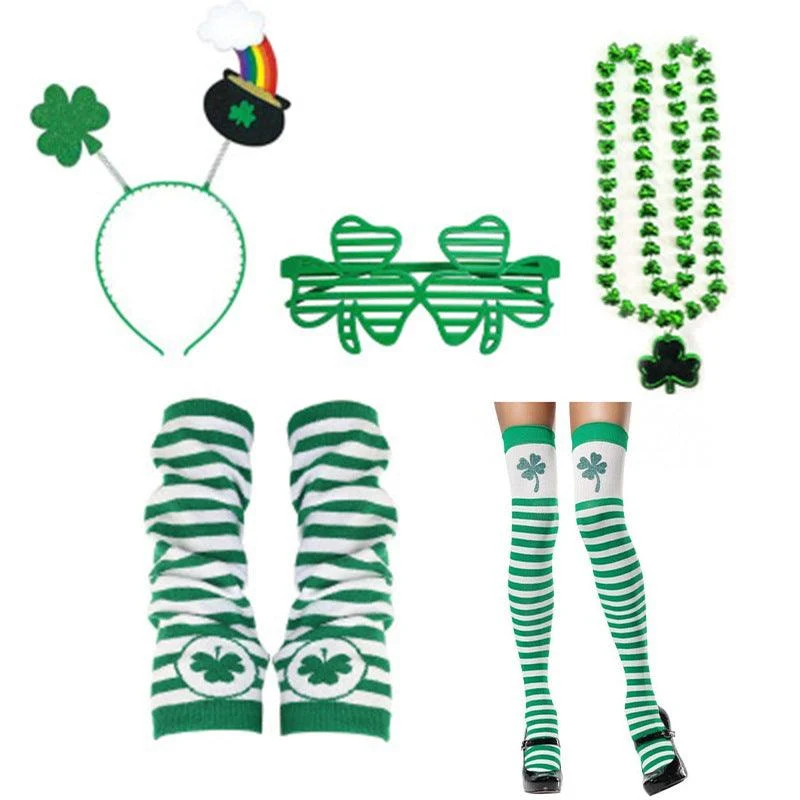 Irish Shamrock Headband Green Striped Socks Set