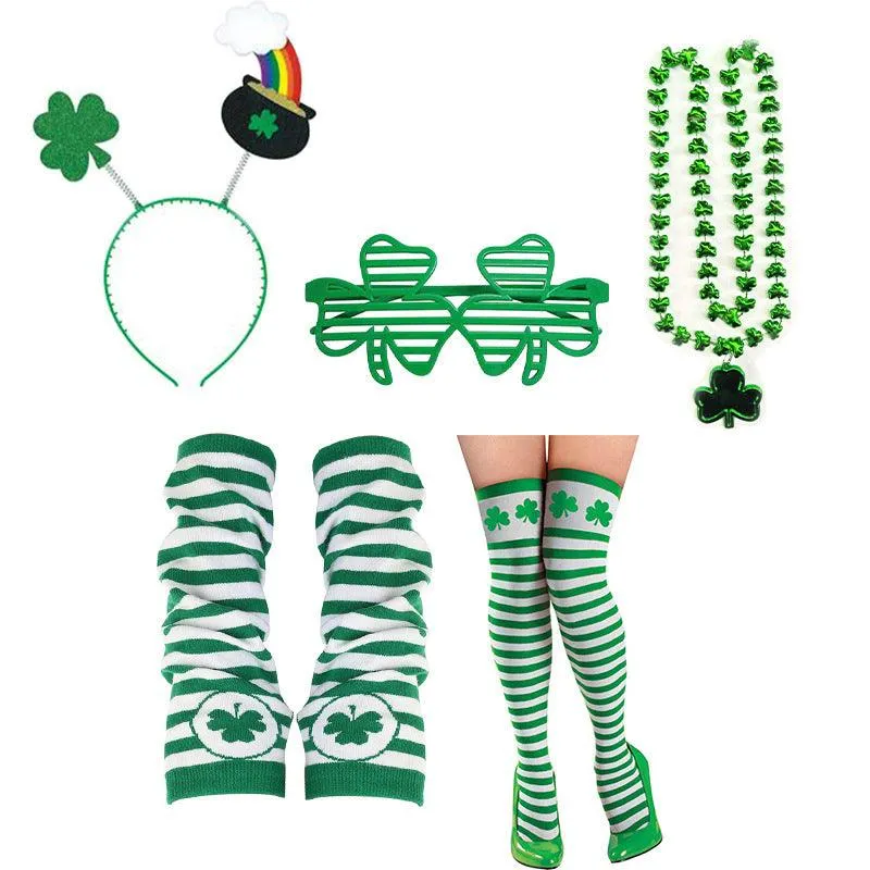 Irish Shamrock Headband Green Striped Socks Set
