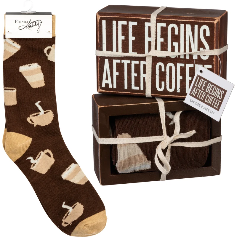 Life Begins After Coffee - Box Sign & Sock Set